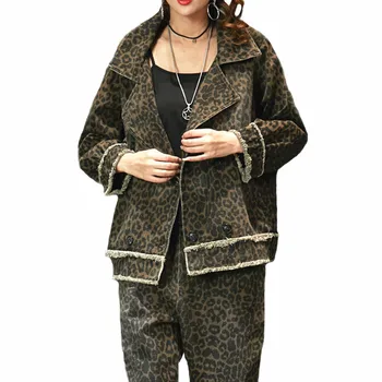 Korejski Ženske Leopard Dveh Kosov Set Ženska Vintage Moda Denim Vrhovi Harem Hlače Priložnostne Ulične Plus Velikost Conjunto Femenino