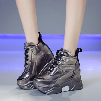 Kovinsko srebrna močen platformo copati ženske pozimi toplo super visoke pete športna obutev ženska višino narašča čevlji mujerbn87