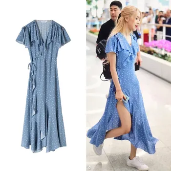 Kpop ROSE isti Modri val točko Proti-vrat nezakonitih ruffle obleko poletje 2021 korejski ulične seksi obleke, ženske obleke