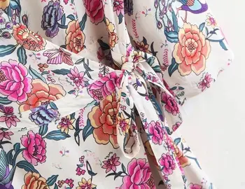 Lanbaiyijia 2018 Novo Lepo Rose Cvetje Obleka Ženske Bombaž obleko tričetrt rokav Proti-vrat Pasu Sashes Priložnostne obleko S, M, L