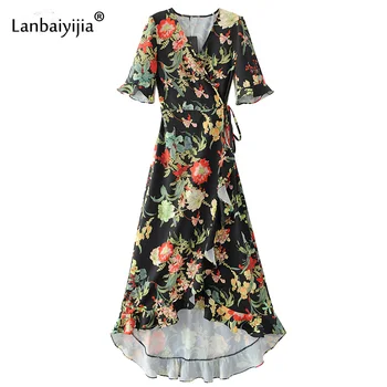 Lanbaiyijia Šifon obleko Tiskanja Cvetovi Flare Rokav V-neck Ženske obleke Sashes Gleženj-dolžina Po kratkem pred dolge obleke