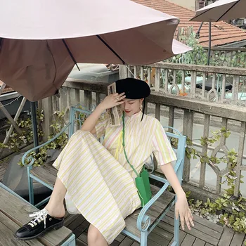 LANMREM 2021 poletje novi korejski rumene trakove mozaik kratek rokav obleke famale nišo svoboden velik obseg ženska oblačila YJ660