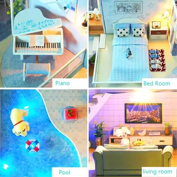 Lesena Lutka Hiša Pohištvo Diy 3D Miniaturas Lutke Plaži, Bazen Klavir Pohištvo Komplet Z LED Igrače za Otroke, Darila za Rojstni dan