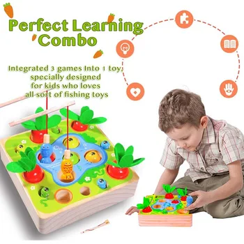 Lesene Montessori Igrače 3 v 1 Najnovejšo Različico Korenček, Ribolov, Ribolov Igre, Lov Črv, Sortiranje Puzzle Igrača