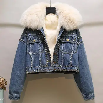 Lisica krzno zakovice obrezana denim jakna korejski jeans jakna ženske modne jakne 2021 nove zimske debele svoboden veste femme