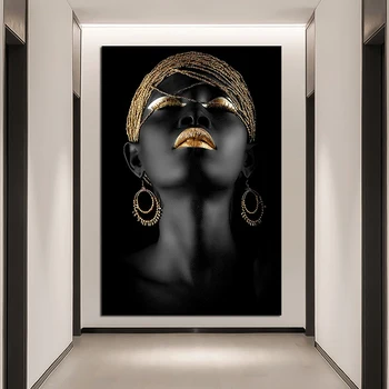 Ličila Zlata Črni Afriški Ženska Oljna slika na Platnu Plakatov in Fotografij Decoracion Wall Art Slik, Dnevna Soba Dekor