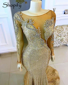 Luksuzni Dolge Večerne Obleke 2020 Morska Deklica Z Dolgimi Rokavi Beaded Afriške Ženske Zlato Bleščica Formalno Večernih Oblek