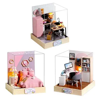Lutka Hiša, Pohištvo za Vgradnjo DIY Miniaturni Model 3D Lesene Miniaturas Lutke LED Luči, Igrače, za Otroke, za Odrasle Rojstni dan Darila