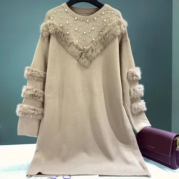 Luxury Real Zajec Krzno Dolgo Strim Pulover Za Ženske Modni Pearl Beading Pletenine Mini Obleka Puloverju