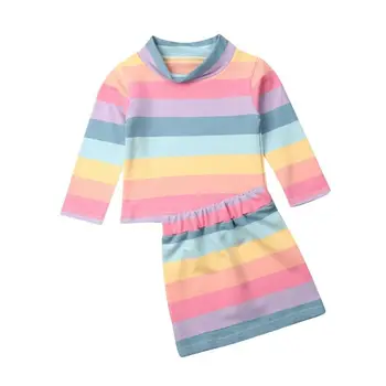 Malčka Otroci Baby Girl Obleke, Kompleti Barve Mavrice T-shirt Vrhovi+Krilo Obleko, 1-6Y Otroci Jeseni 2PCS Oblačila