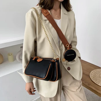Moda verige ženske ramo torbe, oblikovalec širok trak messenger vrečke luksuzni pu usnje crossbody vrečko damo majhno torbico 3 vrečko set