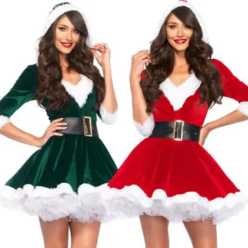 Moda Za Ženske Pol Sleeve Solid Priljubljene Ženske Božiček Božič Kostum Cosplay Obleko Waistbelt Fancy Božič Mini Obleka