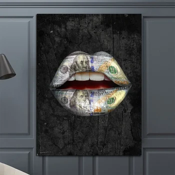 Moderno Črno Seksi Ustnice z Dolarjev Zemlji Platno Slikarstvo Plakatov in Fotografij Stenske Slike Za dnevno Sobo Cuadros Doma Dekor