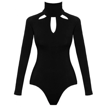 Modna Obleka, Ženske Telo Obleke za Ženske Seksi Romper Black Izruga Vratu Dolg Rokav Votlih Ven Nazaj Bodysuit 2020 Pomlad Onesies
