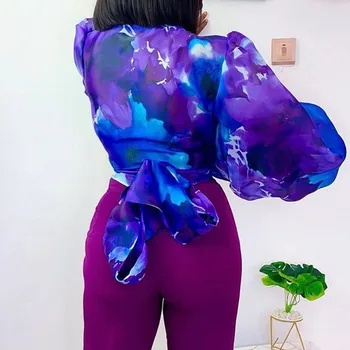 Modra Seksi Tie Dye Natisnjeni Ženske Bluzo Jeseni V Vratu Šifon Srajce Crop Tops Moda 2020 Dolg Rokav Bluze Pomlad Majica