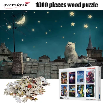 MOMEMO Mačka in Nočno Nebo Vzorec Puzzle 1000 Kosov Lesenih Zabave za Odrasle Puzzle 1000 Kosov Sestavljanke Zbiranje Igra