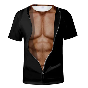 Moške 3D T-Shirt Bodybuilding Simulirani Mišice Tattoo T-Shirt Priložnostne gola koža prsih mišice Tee Smešno Majico Kratek Rokav Obleke