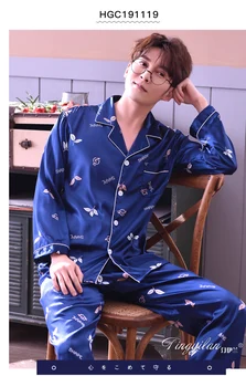 Moške Svile Sleepwear Dolg Rokav Homewear Odraslih Prosti More Študentov Sleepsuit Plus Velikost Svile Nightsuit Moških Pijama J002