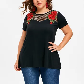 MUQGEW Poletje 2019 Ženske Bombaž majica s kratkimi rokavi O vratu, ki je Moda za Ženske, Kratek Rokav ribja mreža Plošča Plus Velikost Tunika T-shirt Aplicirano Vrhovi#G4