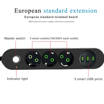 Namizno Stojalo Električne Energije Trakovi 10A Prenapetostna Zaščita 2/3M Kabel EU Plug Adapter Extension 3 AC Izhod 3 Vrata USB 250V