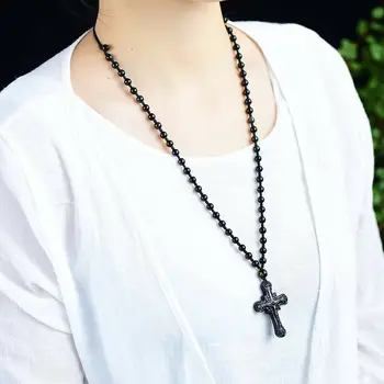 Naravni Črni Obsidian Križ Obesek Kroglice Ogrlica Čar Nakit, Modni Dodatki, Ročno Izrezljano Jezus Amulet Darila za Ženske