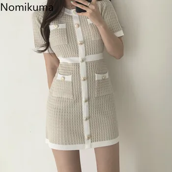 Nomikuma Hit Barve Pletene Žensk Mini Obleka beloprsi Singl korejski Slim Vestidos 2020 Kratek Rokav O-vratu Jopica Vestidos 6A344