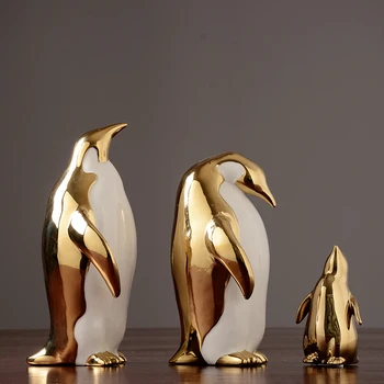 Nordijska keramični Zlato pingvin figurice družina tri Živali malih obrti Ustvarjalne okraski Dom Dekoracija dodatna Oprema