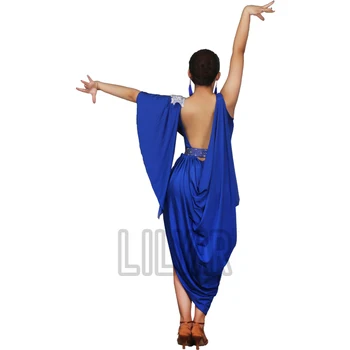 Nov Latinski Ples Obleko Konkurence Obleko Ples Krilo Kostume Krilo, Ki Opravljajo Obleko Sparkly Okrasnih Sapphire Blue Rumba Dres