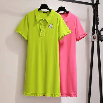 Nov poletni plus velikost mini obleka za ženske velika kratek rokav svoboden roza, zeleni gumb naravnost obleko z ovratnikom 4XL 5XL 6XL 7XL