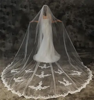 Nov Prihod 3.5 Meter Poročni veil dolgo slonovine tančico, poročni dodatki za lase Poročne Čipke Appliques sluier sluier bruiloft