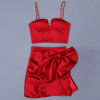 Nova Moda Seksi V Vratu Kravato Loka Sequined Rdeče Dveh Kosov Povoj Nastavite 2020 Slavni Modni Oblikovalec Poletje Žensk Set
