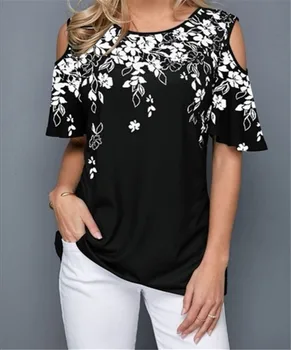 Novo 2021 Ženske Poletje Svoboden T Shirt Priložnostne Kratek Rokav Vrhovi Tees Seksi Off Ramenski Tiskanje O-Vratu Vintage T-Shirt Plus Velikost S-5XL
