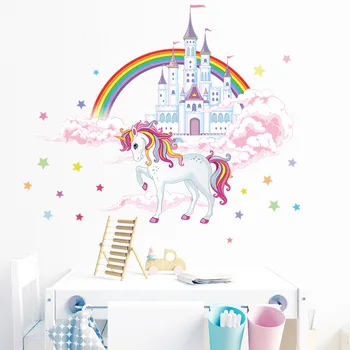Novo akvarel risanka oblak grad beli konj stenske nalepke so v vrtcu otroci doma spalnica dekoracijo Vinil stene decals