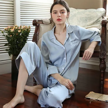 Novo Svileno Pižamo Žensk francoski Pyjama Nastavite River Vrvico Kontrast Barve Robom Dolg Rokav Moda Doma Obleko Pyjama Hiver