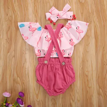 Novorojenček Dojenček Dekliška Oblačila, ki Moda 3-kos Obleko Flamingo Tiskanje Vrh Barva Suspender Kombinezon Hlače Glavo Obleke