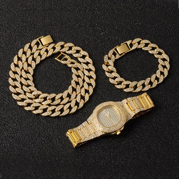 Ogrlica +Watch+Zapestnica 3pcs kit Hip Hop Miami Zajeziti Kubanski Verige Zlata Polni Ledeni Si je Utrla Okrasnih CZ Bling Za Moške Nakit