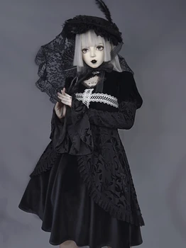 Original Halloween Kostum Gothic Dark Črnega žameta čipke puff dolg rokav Votlih Out Stojalo Collardress jeseni dekleta vestidos