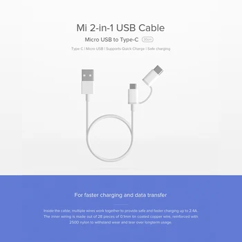 Original Xiaomi 2 v 1 Micro USB Kabel/Tip C do USB, polnjenje in prenos podatkov, ki je idealen za zunanje baterije 30 CM Bela