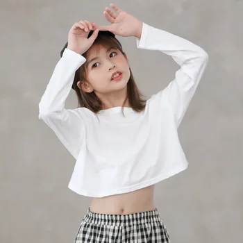Osnovna 2020 Jeseni Teen Dekleta korejskem Slogu Beli Krog Vratu Dolgo Kratek Rokav T-shirt Otroci Kratek Priložnostne T-majica Bombaž, #9115