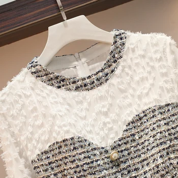 Plus Velikost 2019 Ženske, Luksuzno Obleko Jeseni Leta 2019 Moda Belo Tassel Dolg Rokav Mozaik Kariran Tweed Ženske A-linija Obleke L-5XL