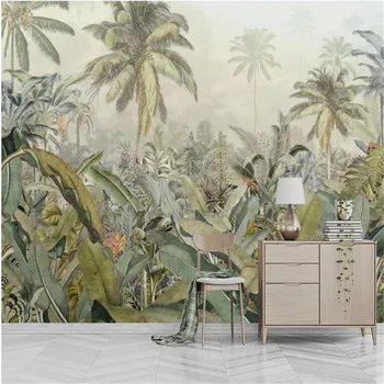 Po meri ročno poslikano tropskega deževnega gozda rastlin banana listov soba, dnevna soba, slike za ozadje zidana