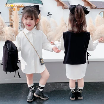 Pomlad Jesen dekleta 2 kos komplet dojenček bluzo + telovnik otroci obleko otrok ulične oblačila bela črna strani vezna 3to 8 let