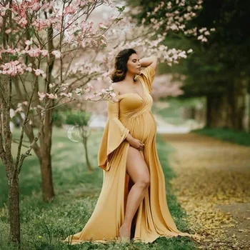 Porodniški Fotografija Rekviziti Porodniškega Obleke Fotografijo Ustrelil Seksi Boho Shoulderless Bell Rokavi Maxi Dolgo Obleko Nosečnosti