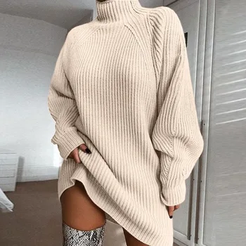 Pozimi pleteni Pulover ženske obleka za Priložnostne Mid-dolžina turtleneck puloverji, Pleteni pulover plus velikost ženske pletene puloverje oversize