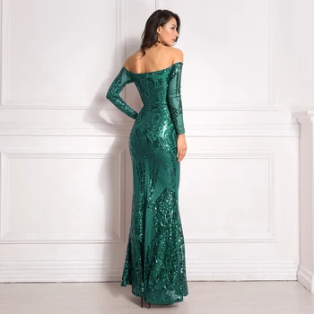 Poševnica Vratu Sequined Maxi Obleke Off Ramo Večer Stranka Obleke, Elegantne Burgundija Zlato Zeleno Obleko Sequined