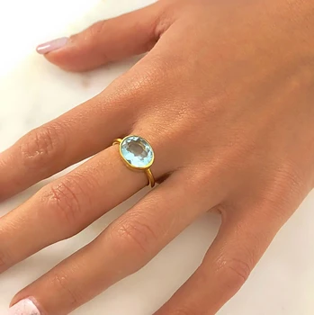 Preprost Ovalne Aquamarines Crystal Zlata Solitaire Ring Ženske Morje Modro Cirkon Stackable Obroči Obletnico Birthstone Darilo
