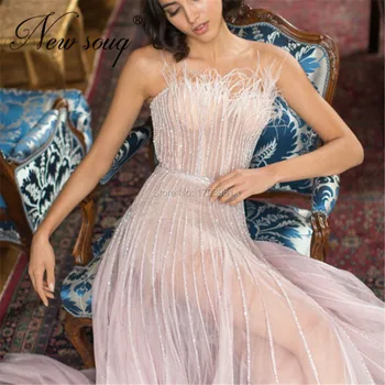 Princess Pink Beaded Večerne Obleke Turški Kaftans Novi Elegantni Perje Arabski Stranka Halje, Ženske Slaven Dubaj Prom Oblačenja 2020