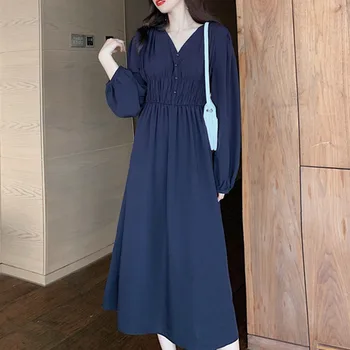 Proti-vrat Obleko Jeseni Novo korejska Japonski slog Visoko Pasu Hujšanje Barva Svoboden Temperament Naguban Ženske Dolge Obleke