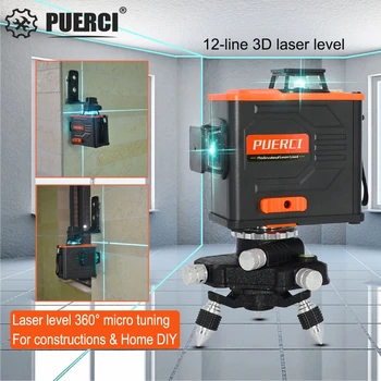PUERCI P6CG 12 linije Laser Ravni Z Litijevo Baterijo Zelena 3D Laserske libele Self - Izravnavanje 360 Horizontalno & Navpično Črto, Križ