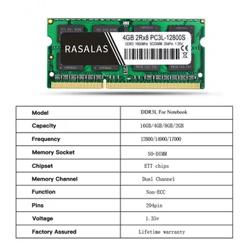 Rasalas Pomnilnik Ram DDR3 4G 8G DDR3L 2Rx8 PC3L-12800S 1600Mhz-DIMM 1.35 V Zvezek 204Pin Laptop Oперативная Nамять Memoria